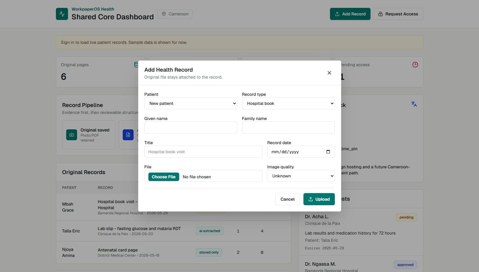 WorkpaperOS Health upload dialog